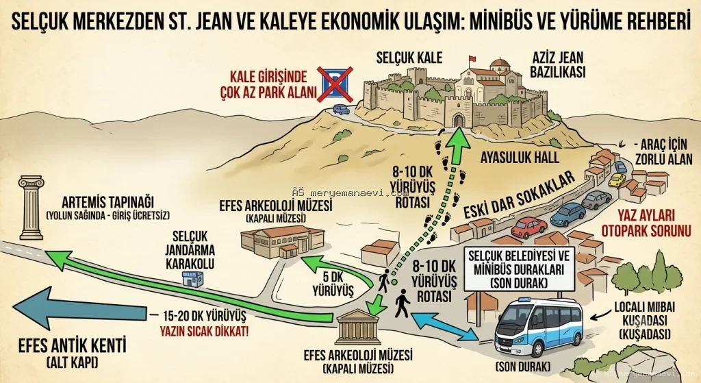 Selçuk Merkezden Aziz Jean (St. Jean) ve Kaleye Ulaşım: Otopark Çilesi, Minibüs Rotası ve Yürüme Planı 07.09.2026